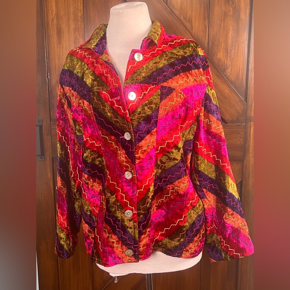 Vintage Multiples Live Laugh Love‎ Colorful Stitched Velour Artsy Women L Jacket